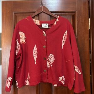 Vintage Copa Cabana Leaf Print Button Front Top Red Made in USA Women L (Est.)